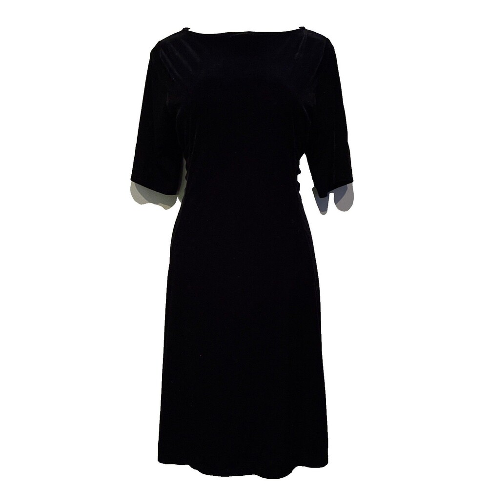 Lands End Black Velvet Midi Dress XL 18 Boat Neck Short Sleeve Party A Line